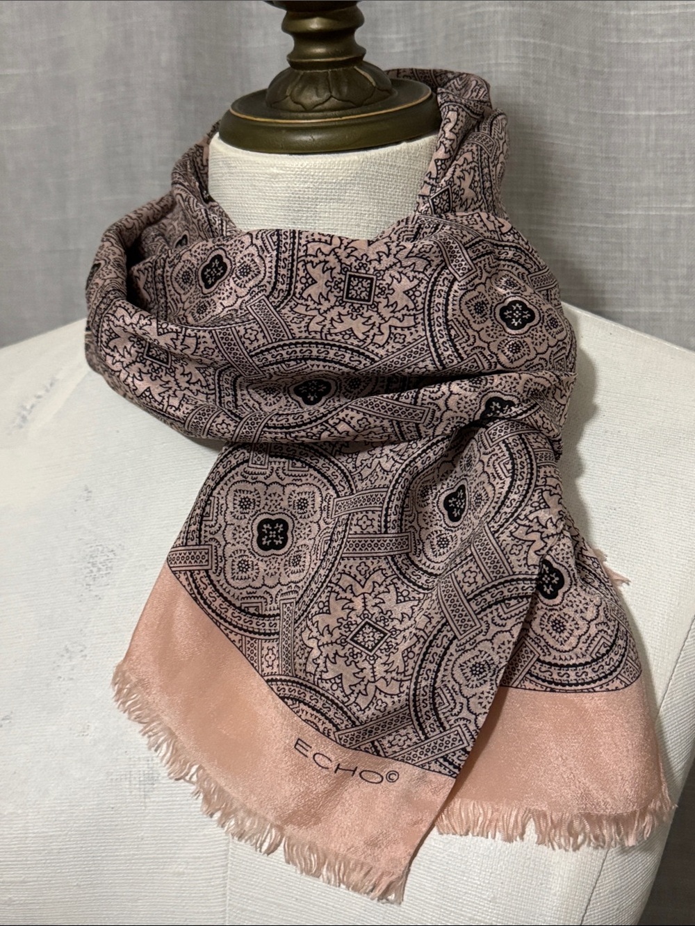 Vintage ECHO Scarf-Pink/Black-Silk-Geometric Medallion Print-Short Fringe-EUC